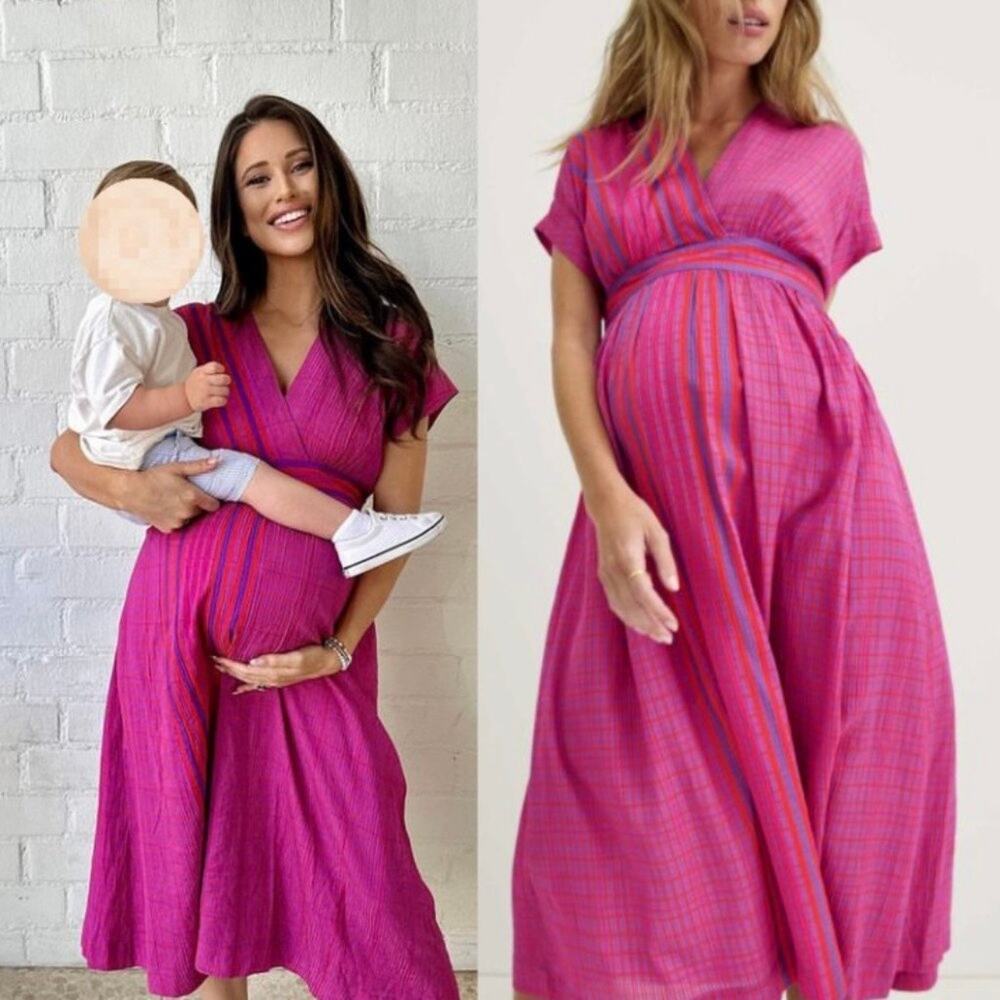 Hatch Maternity Carolina Midi Dress in Rosebud Plaid Magenta Pink size 4
